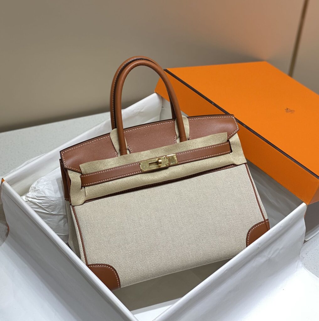 Hermès-Birkin 30-White Cloth & Brown Leather