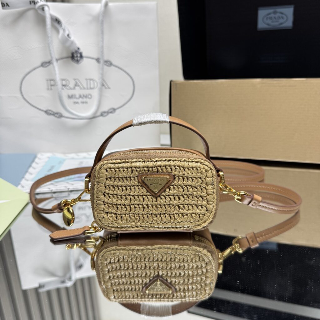 Prada-Crochet and Leather Mini Crossbody Bag-1NR025