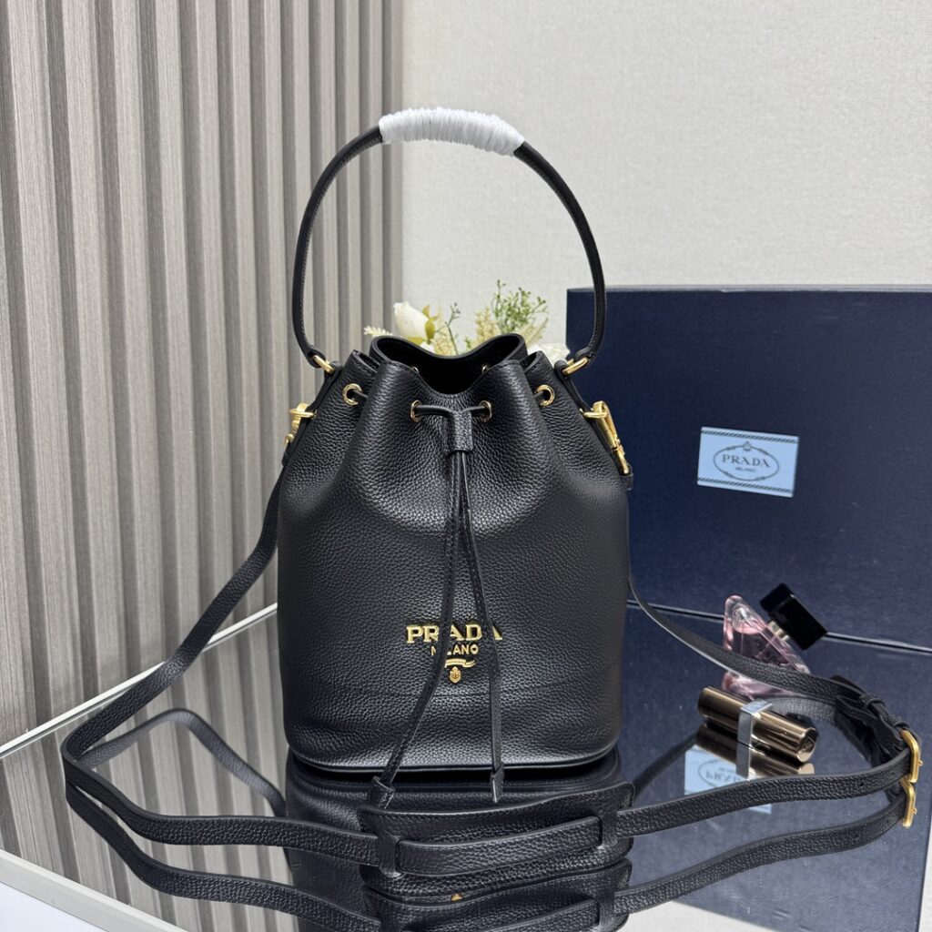 Prada-Vitello Daino Bucket Bag-Black-1BE018