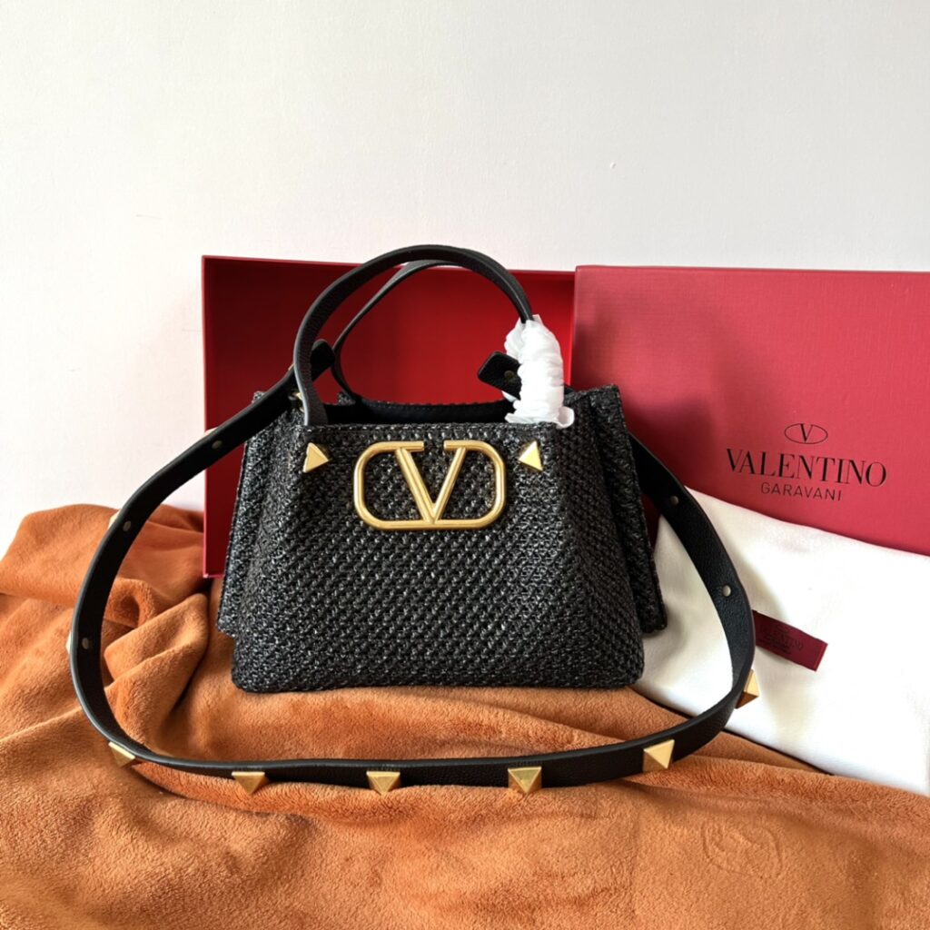 Valentino-raffia woven bag-black