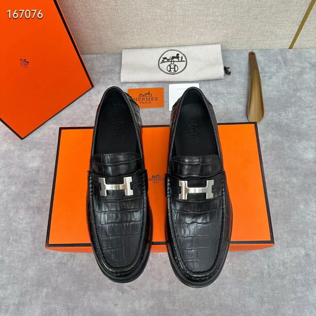 Hermes-Loafers-Men's-Black Crocodile Leather